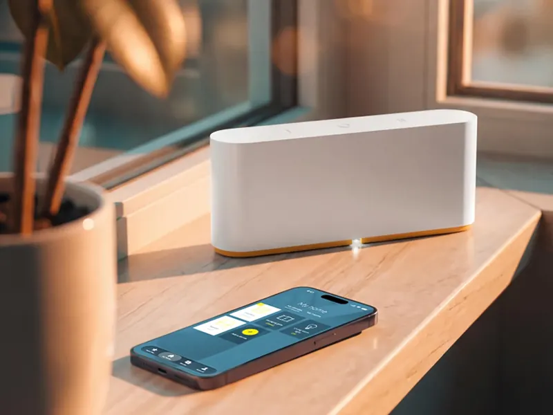 TaHoma Switch junto a un móvil con la app de Somfy